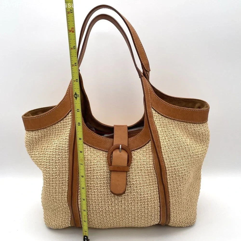 Cavalcanti Women's Woven Straw Leather Trim Tote Bag Tan Made in Italy Buckle
